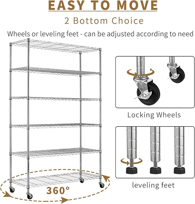 6-Tier Storage Shelves 48" x 18" x 82" Heavy Duty Metal Shelving Unit 2100Lb Capacity Adjustable Storage Racks with Wheels NSF Garage Wire Shelf for Basement Commercial, Chrome