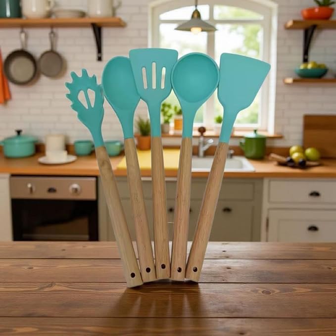 Silicone Cooking Spoons, 5-Piece Nonstick Utensil Set with Acacia Wood Handles - Heat-Resistant for Frying, Serving & Turning Spatula