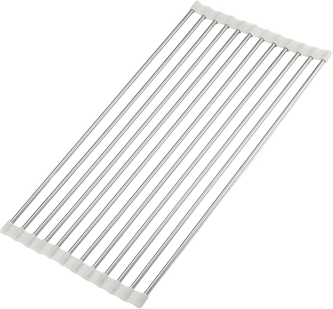 Roll Up Dish Drying Rack, Over Sink Multipurpose Rack, 17.6" x 9.3" Stainless Steel Foldable Dish Drainer, White