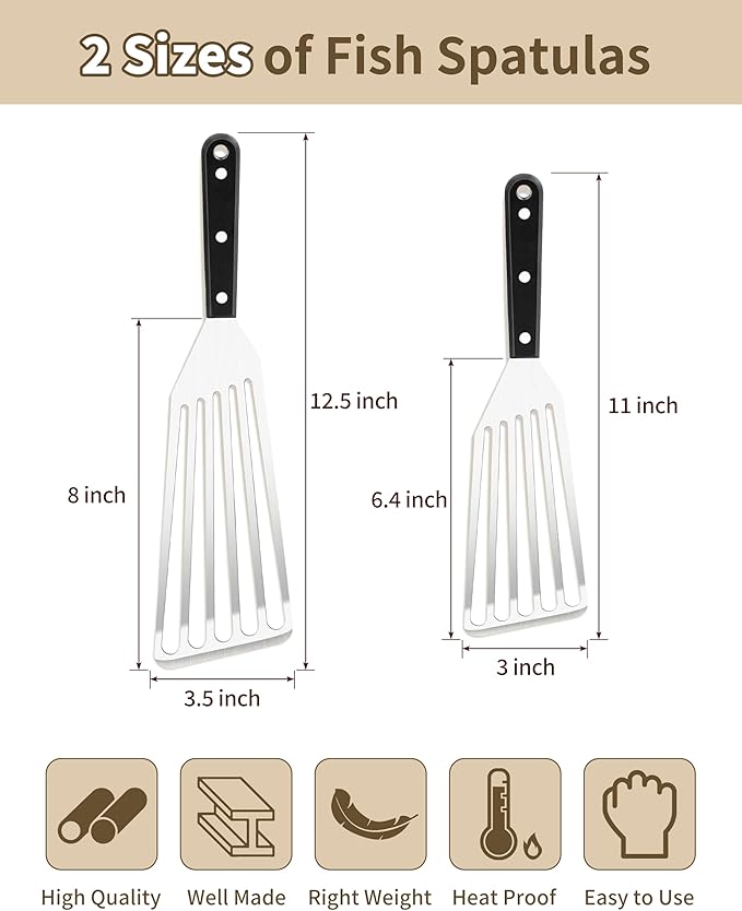 HaSteeL 2 Pack Fish Spatula Turner, 12.5" & 11" Stainless Steel Slotted Spatula Set for Kitchen Cooking, Flipping, Turning, Frying & Grilling, Full Tang ABS Handle, Dishwasher Safe