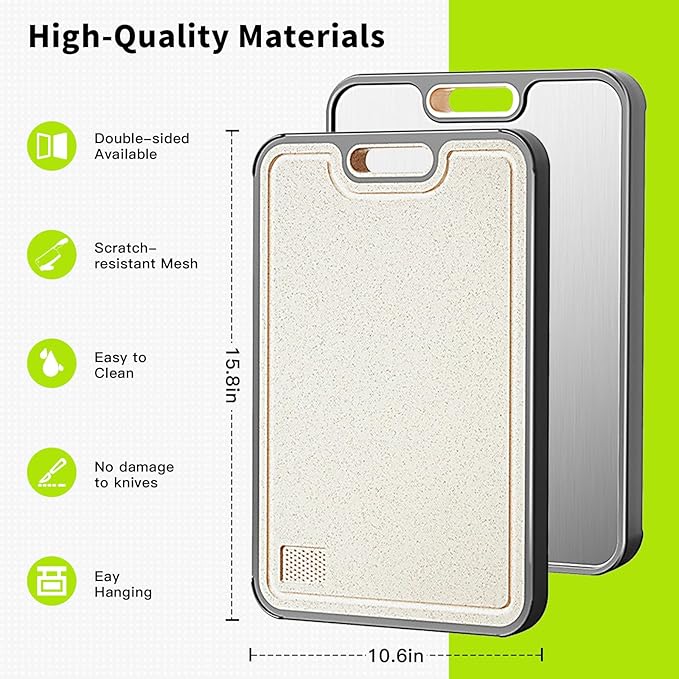 Cutting Boards for Kitchen, 2 in 1 Titanium Cutting Board, Food-Grade Double Sided Pure Titanium & Wheat Straw PP Chopping Board for Meat/Vegetables