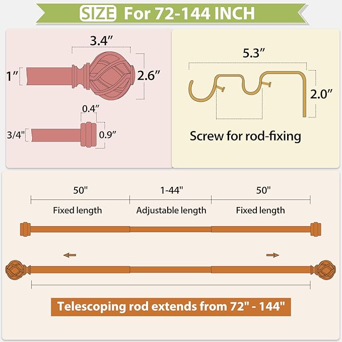 KAMANINA 1 Inch Double Curtain Rod 72 to 144 Inches (6-12 Feet), Black Curtain Rods for Windows 66 to 120, Heavy Duty Telescoping Drapery Rods with Twisted Cage Finials