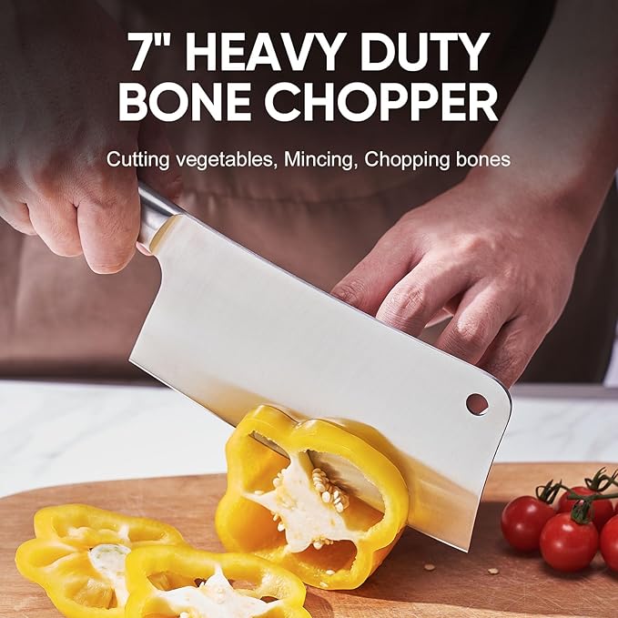 Butcher Knife Meat Cleaver Set 3Pcs-7" Heavy Duty Bone Chopper& 7" Santoku Knife& 5" Utility Knife, German Stainless Steel Chef Knives Set for Kitchen Home Gift