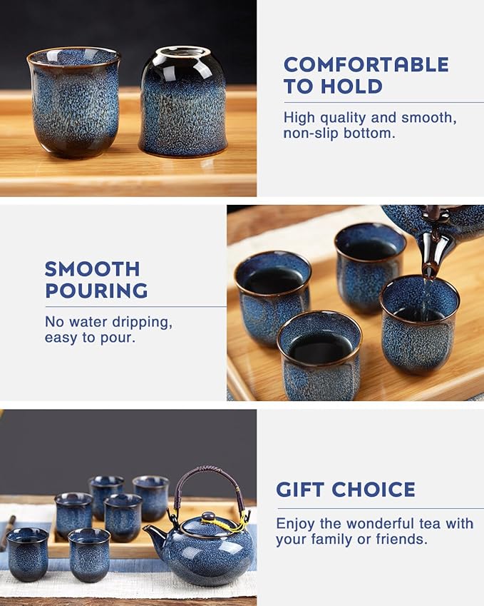 DUJUST Japanese Tea Set for 6, Kiln Altered Glaze Porcelain Tea Set with 1 Teapot, 6 Tea Cups & 1 Tea Tray, Unique Chinese Tea Sets for Adults/Tea Lovers/Women/Men, Blue