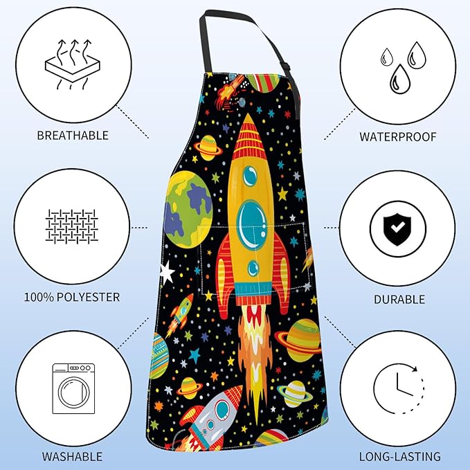 Fun Space Adventure Apron for Women with Rocket and Planet,28x33in