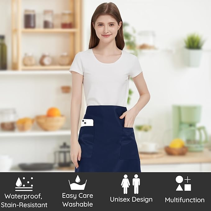 3 Pack Waist Apron with 3 Pockets, Unisex Black Waiter Aprons, Water Resistant Server Aprons for Restaurant Chef Bar