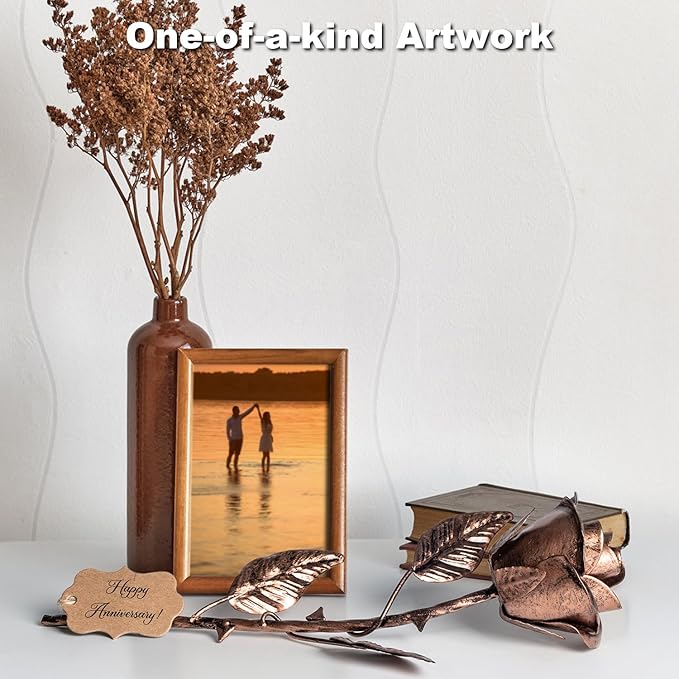 7 Year Anniversary Copper Gift for Her - Metal Rose Copper Gift for Wife 7th Wedding Anniversary for Him Husband Couples, Everlasting Flower 22nd 22 Year Handcrafted Love Stained Artwork