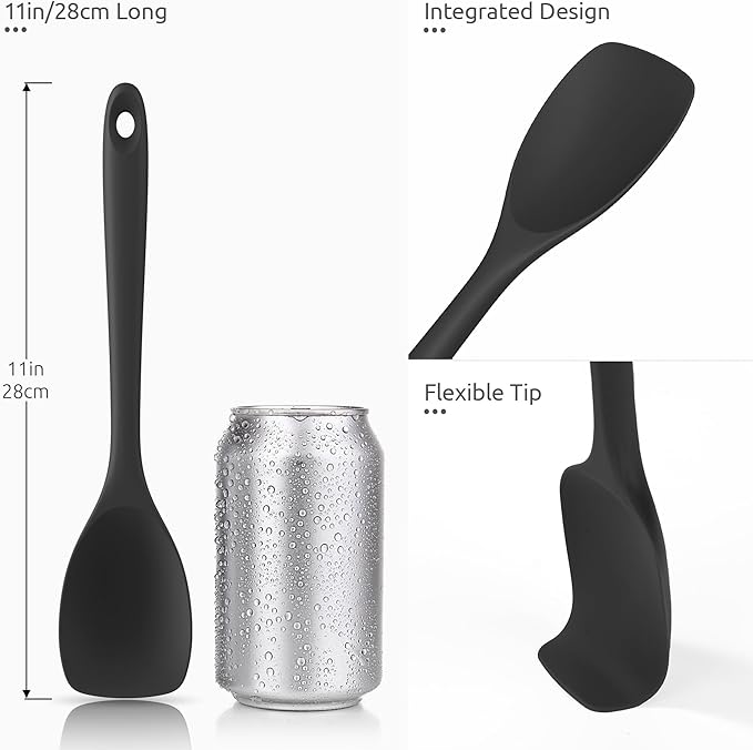 600ºF Heat Resistant Spatula Spoon: U-Taste Flexible Silicone Cooking Scoop Spoonula, Serving Mixing Scraping Food in Non-Stick Pan Cookware, Seamless Multifunctional Kitchen Utensil (Black)