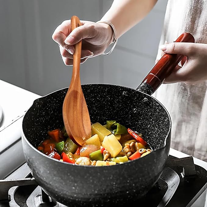 Wooden Kitchen Utensils Set 5 Piece Teak Wood - Non Scratch & Non Toxic Cooking Tools with Turner, Slotted Spatula, Angled Spatula, Serving Spoon, Salad Spoons