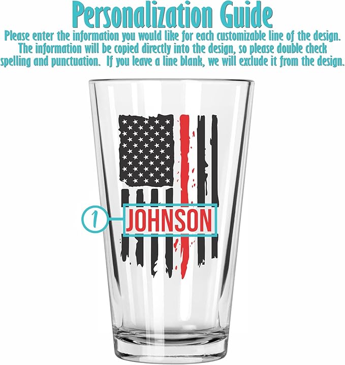 Blue Ridge Mountain Gifts - Thin Red Line Pint Glass - Personalized Firefighter Glass, Fireman Flag & Appreciation, Back the Red, Fire Academy Gift, Personalized Father's Day Gift First Responders