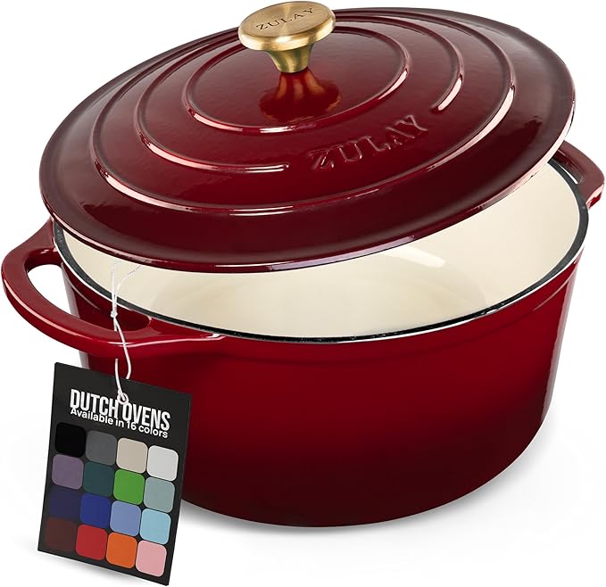 Zulay Kitchen 6 Quart Enameled Cast Iron Dutch Oven Pot with Lid – Premium Durability & Oven Safe up to 500°F – Heavy Duty Cookware Perfect for Bread Baking, Stews, Braising & Roasting – Garnet