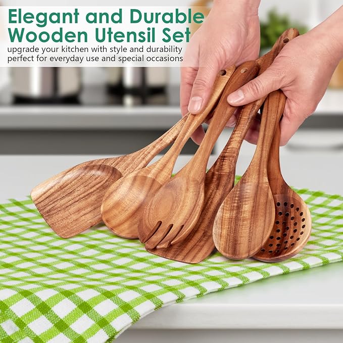 Wooden Spoons for Cooking, 6-Piece Natural Teak Wood Cooking Utensils Set – Wooden Kitchen Utensils Set with Smooth Finish Comfort Grip, Nonstick Safe Non-Toxic Wooden Cooking Tools by