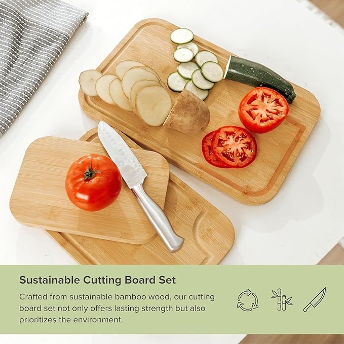 KitchenEdge Bamboo Wood Cutting Board Set of 3, Juice Groove and Non-Slip Rubber Feet, Thick Wood Trays for cheese, vegetables, meat, fruit, Heavy Duty Construction, Pre Oiled (9x6, 12x8, 15x10 inch)