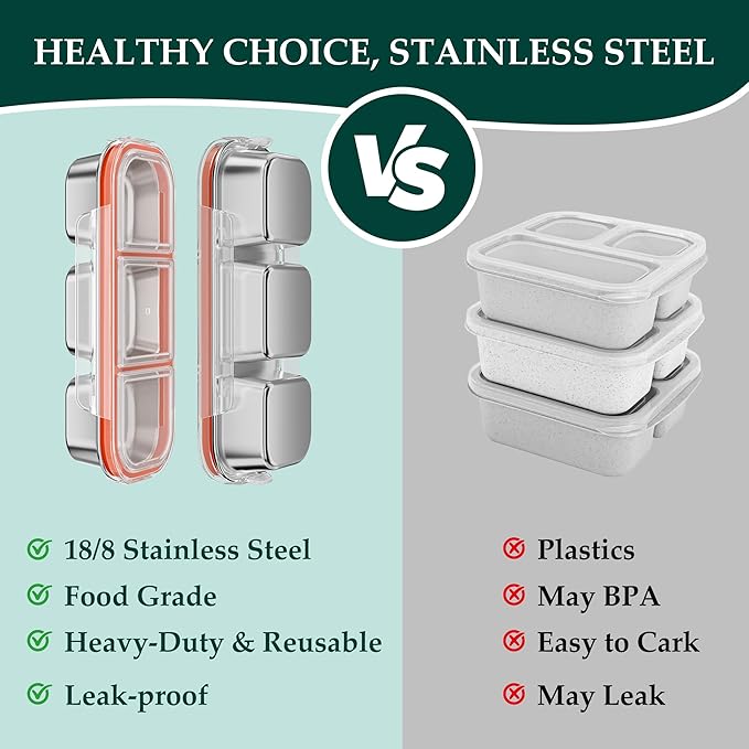 QCQHDU Snack Containers, Reusable Stainless Steel 3 Compartment Condiment Metal Bento Lunch Box with Lids, Divided Snack Food Storage Lunchable Containers for Home, Work, Travel, Camping, 5 Pack