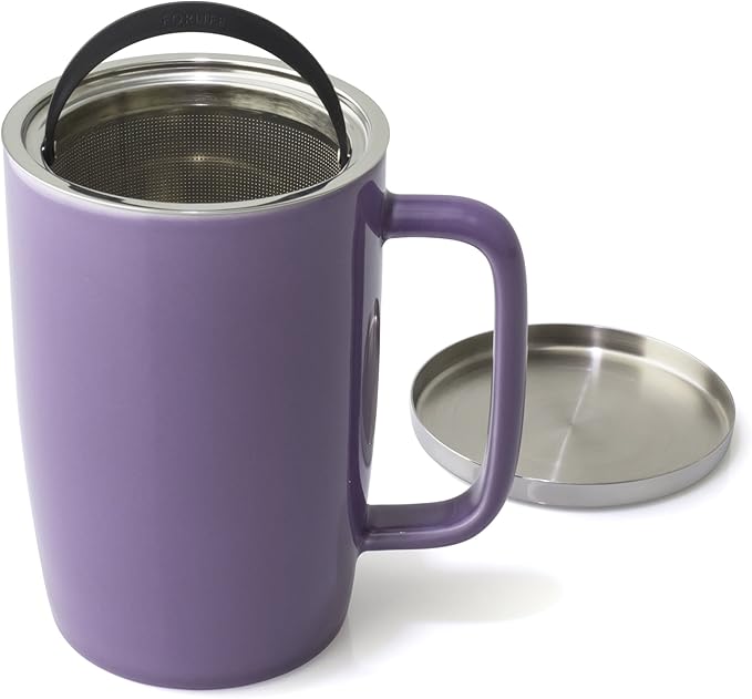 FORLIFE Dew Glossy Finish Brew-In-Mug with Basket Infuser & "Mirror" Stainless Lid 18 oz., Purple