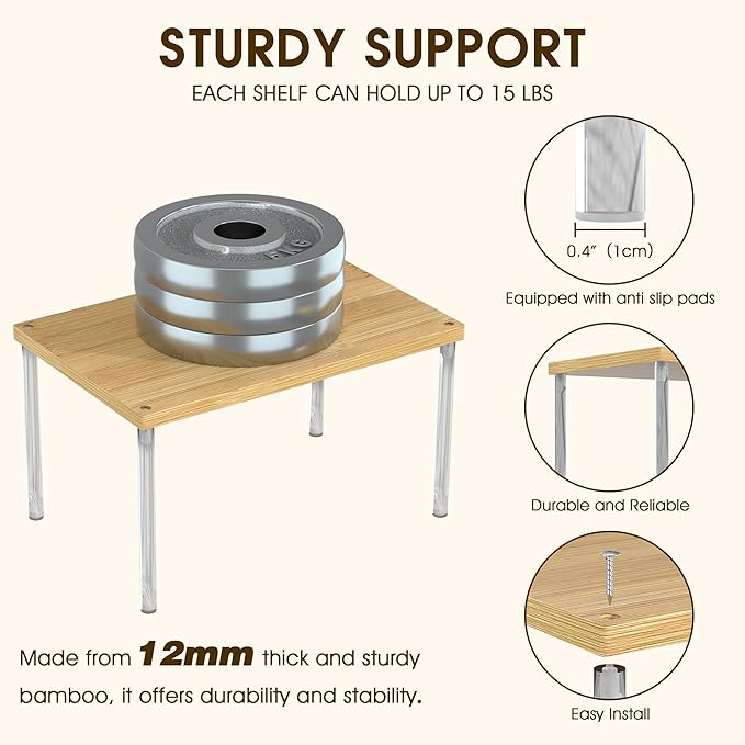 Jolitac Cabinet Organizer Shelf - Set of 2 Clear Acrylic Spice Rack, Stackable Pantry Storage Shelves for Kitchen Counter, Bathroom, Desk - Multi-Purpose Bamboo Space Saving Shelves, Easy Assembly