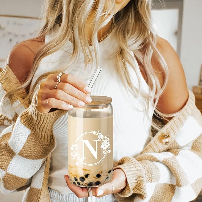 Birthday Gifts for Women, Monogrammed Initial Glass Cup Personalized Gifts for Women, 16oz Glass Cups with Lids and Straws, Iced Coffee Cup, Beer Can Shaped - Gift for Christmas, Birthday, N