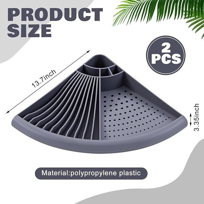 2 Pack Gray Corner Dish Racks Organizer Triangular Sink Counter Drying Rack Plastic Corner Dish Utensil Holder for Plates Bowls Utensils Knives Space Saving Kitchen, 13.7 × 13.7 inch