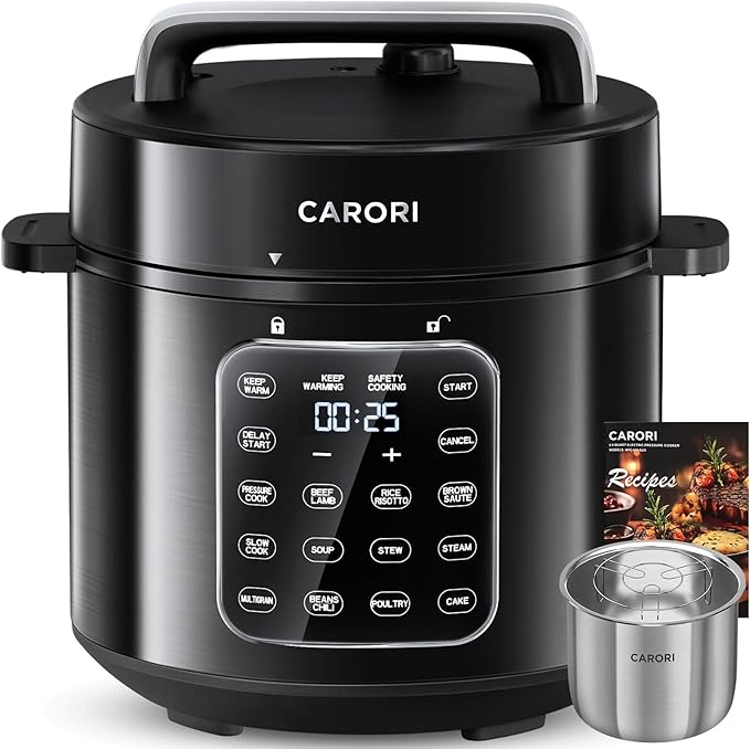 9-in-1 Electric Pressure Cooker 6 Qt, Stainless Steel Inner Pot, Programmable 12 Multi-Function Cooker with Safe Vent Design, Rice Cook, Slow Cook, Sauté, Warmer & Sterilizer, Black