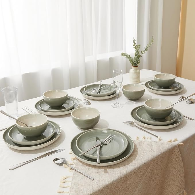 Stoneware Dinnerware Sets, Ceramic Plates and Bowls Set, Microwave & Dishwasher Safe Kitchen Dish Set, Modern Dinner Salad Plates | Cereal Bowls for 4, Dishware Sets Gray Green
