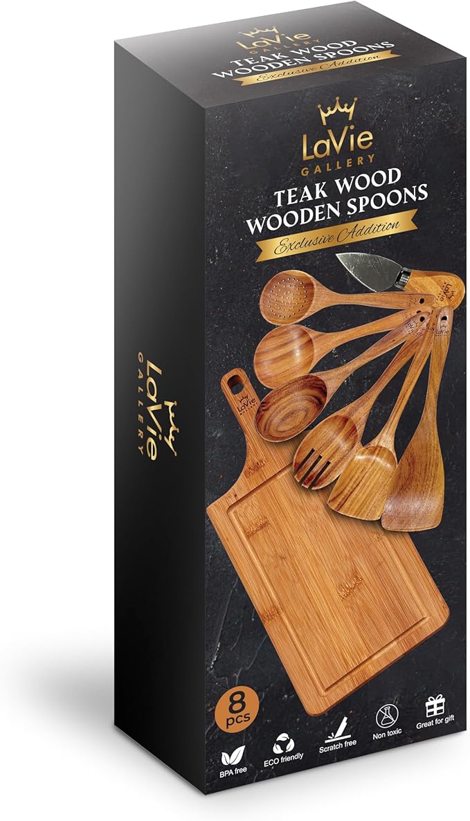 Teak Wooden Cooking Spoons Set -8-Piece Nonstick Cookware - Handmade Wooden Teak-Bamboo Charcuterie Board With Knife - Wooden Kitchen Utensils, Ideal Gift Set For Weeding,Birthday