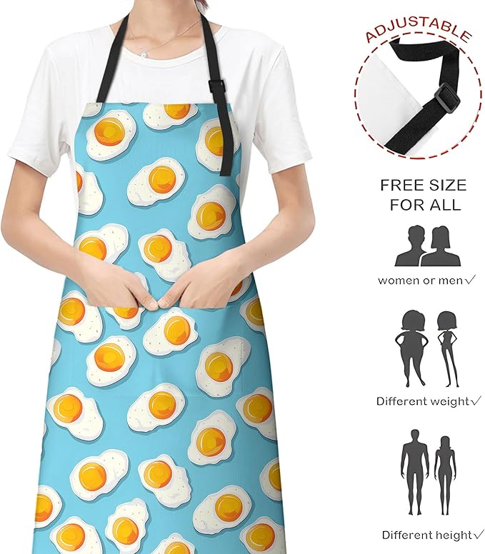 Playful Fried Egg Apron for Women Men, Cooking BBQ Chef Polyester Lightweight Funny Design Aprons with Pockets for Baking Kitchen Gardening Cleaning, Adjustable Neck Strap, 28×33inch