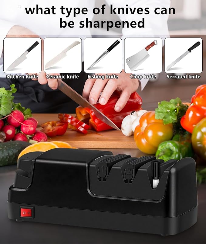 Professional Electric Knife Sharpener – Precision Sharpening for Kitchen Knives, Scissors & More – Diamond Abrasives & 3-Stage System (Black)