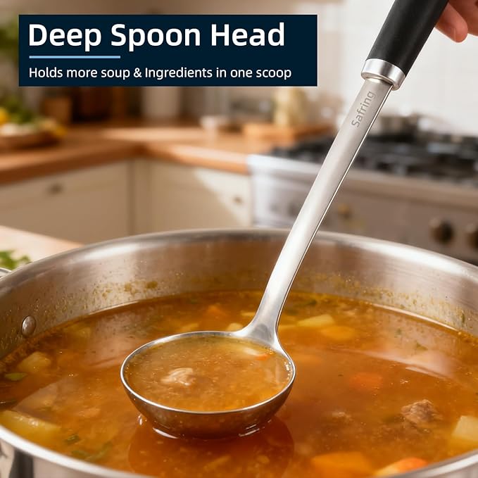 Stainless Steel Soup Ladle and Spaghetti Spoon Set, Heat Resistant Rubber Handle, Dishwasher Safe, Kitchen Utensils for Cooking, Stirring, Serving Pasta, Soup & Sauce