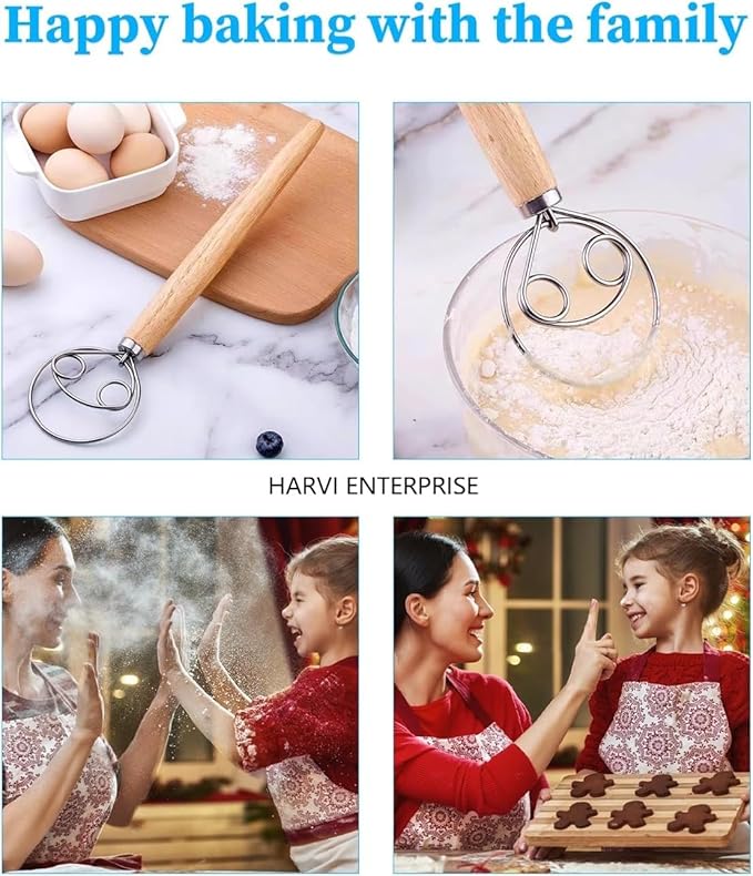 Danish Dough Whisk and Dough Hook - Stainless Steel Dutch Style Wooden Handle for Sourdough, Bread, Pastry Dough Mixing Tools