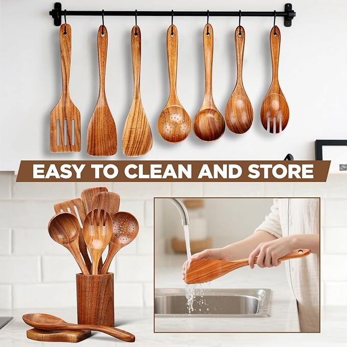 9Pcs Wooden Utensil Set with Holder and Spoon Rest - Natural Teak Wood Cooking Utensils Set, Heat Resistant and Non-stick Wooden Spoons for Cooking, Kitchen Utensils Set with Spatula