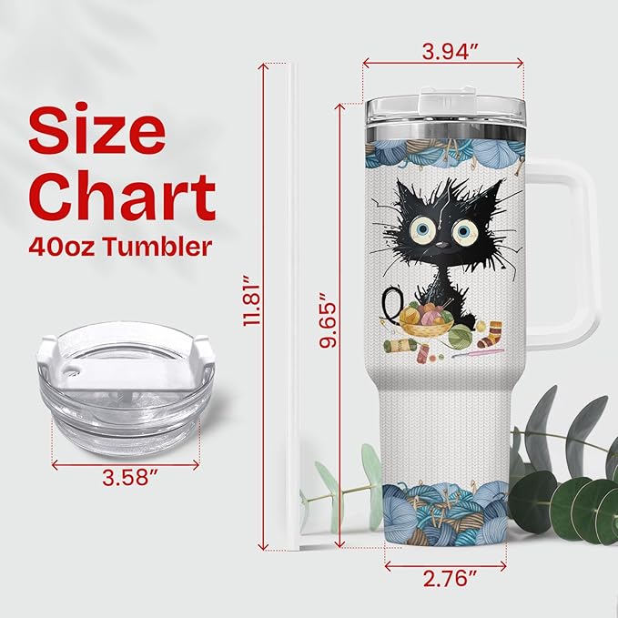 34HD Black Cat Tumbler with Handle & Straw, 40oz Vacuum Insulated Cat Coffee Cup, I Crochet So I Dont Choke People Mug, Crochet Lover Gifts for Birthday Mothers Day Christmas