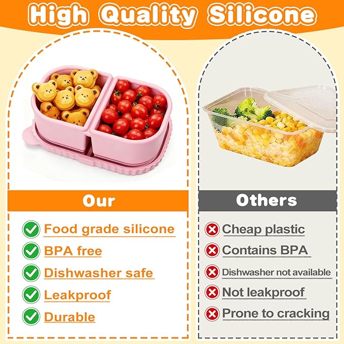 4 Pack Silicone Reusable Snack Containers with Lids, 8.5oz 2 Compartment Snackle Box Leakproof Bento Box Food Storage Container for Lunch, Picnic, School, Office