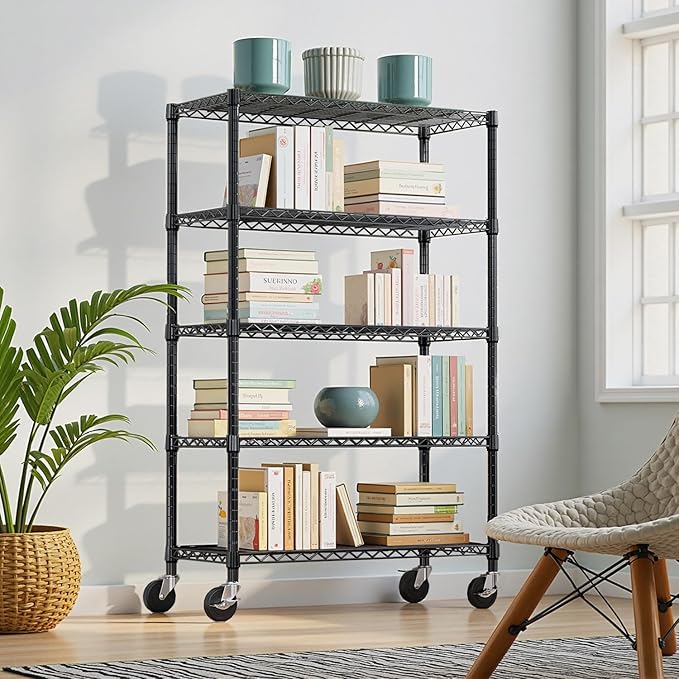 5-Tier 2200LBS Storage Shelves,Adjustable Wire Shelving for Pantry Organizers and Storage Heavy Duty Garage Shelving for Kitchen, Basement,Warehouse(Black,17,7Dx 47.2" W x 76.7" H)