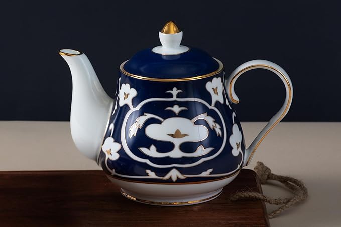 Blue and White Tea Pot - 28 oz. Bone China Teapot with White Vintage Design - Elegant Tea Serving Pot for Kitchen and Gift for Women, Men, Adults and Tea Lovers (Teapot)