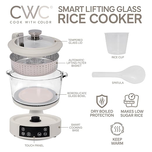 COOK WITH COLOR 3L Glass Mini Low Carb Rice Cooker – Holds 2 Cups Raw/Makes 6 Cups Cooked with Auto Lift Filter Basket, Hotpot & Steamer for Rice, Grains, Digital Panel with Keep Warm, Cream