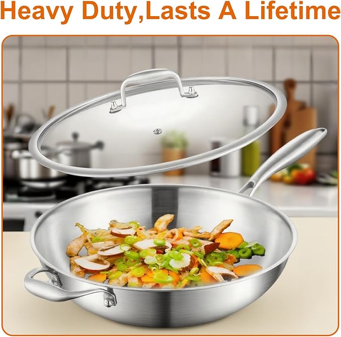 DELARLO Woks & Stir-Fry Pans, 13 in Stainless Steel Pan with Lid, With Side Ear, Large Cooking Surface, Tri-Ply Stainless Steel Wok Pan, 3 Layer Stainless Steel Saute Pan, Works on Induction, 600℉