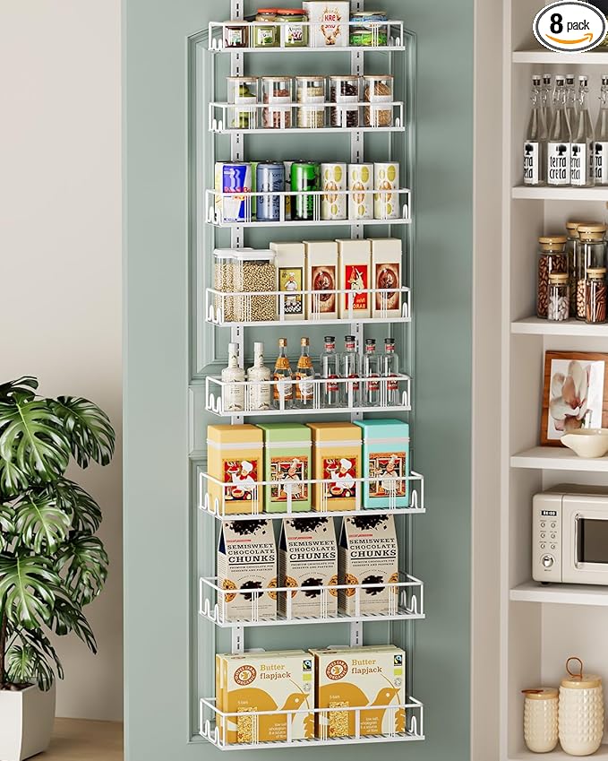White 8-Tier Over The Door Pantry Organizer, Pantry Organization And Storage, Metal Hanging Spice Rack Shelves Door, Home & Kitchen Essentials, Laundry Room Bathroom Organization