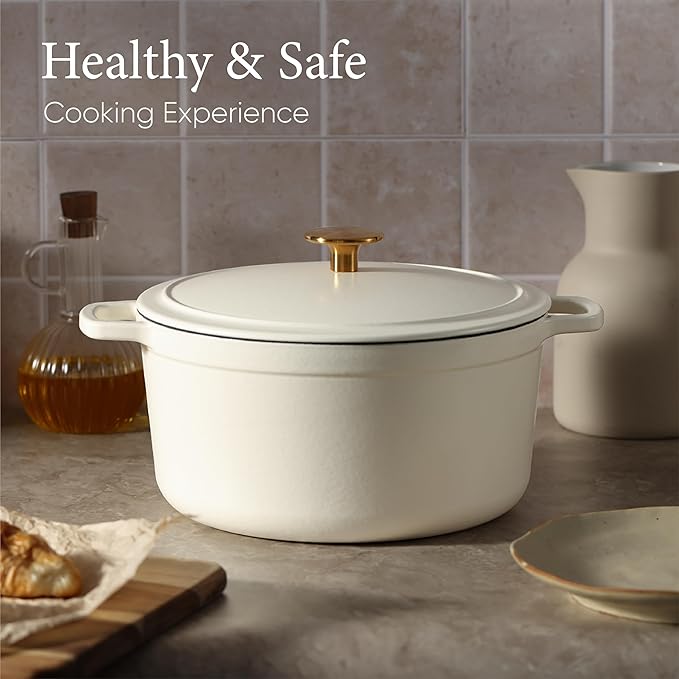 CAROTE 5QT Enameled Cast Iron Dutch Oven Pot with Lid, Heavy-Duty Dutch Oven for Sourdough Bread Baking, Braising, Stews, Roasting, Healthy & Non-Toxic, Dual Handles, All Stovetop Compatible, Oven Safe up to 500° F, White
