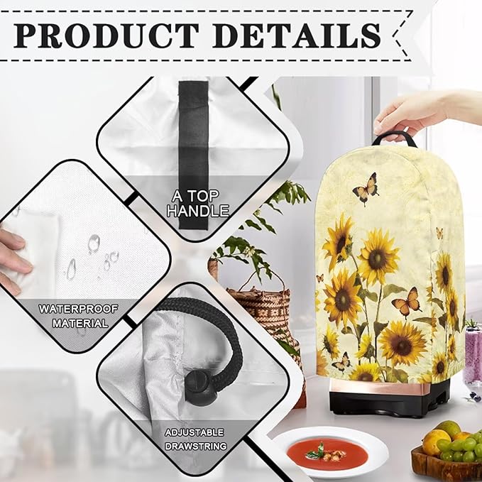 Butterfly Sunflower Blender Dust Cover with Drawstring Stand Mixer or Coffee Maker Cover Anti Fingerprint Polyester Appliance for Home Kitchen Decor