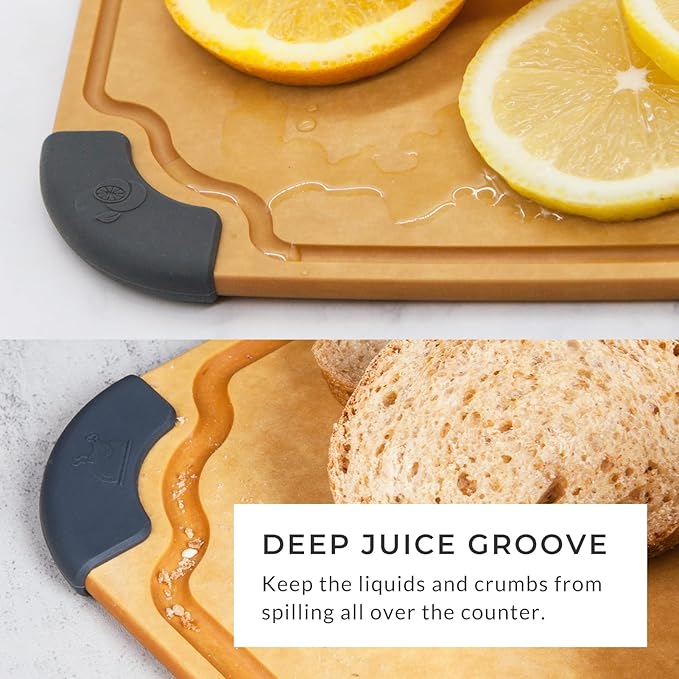 Essential XL Dishwasher Safe Non Slip Juice groove Cutting Board and 5-piece Premium Stainless Steel Kitchen Knife Set