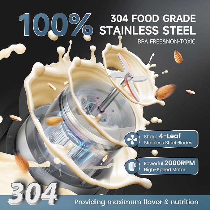 304 Stainless Steel Almond Milk Maker Machine (Built-in Filter) 50oz 6-7 Cups Per Batch, 8-IN-1 Cooking Blender Make Plant Based Nut Milk, Soy Oat Milk, Soup & Juice, Automatic Cleaning (Black)