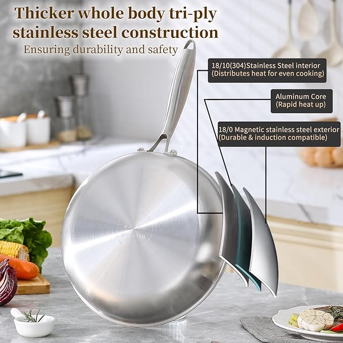 DELARLO Kitchen Whole Body Tri-Ply Stainless Steel Frying Pan, 12 inch,Stainless Steel, Oven safe induction skillet, Pots and Pans set,Suitable for All Stove