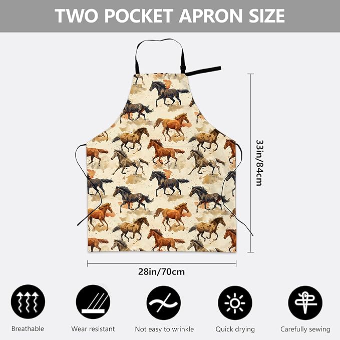Running Horse Apron, Adjustable Kitchen Watercolor Horses Design Aprons with Pockets for Cooking BBQ Gardening, 28×33 IN, Holiday Gifts for Women Men Wife, for Chef Baking, Oxford Fabric