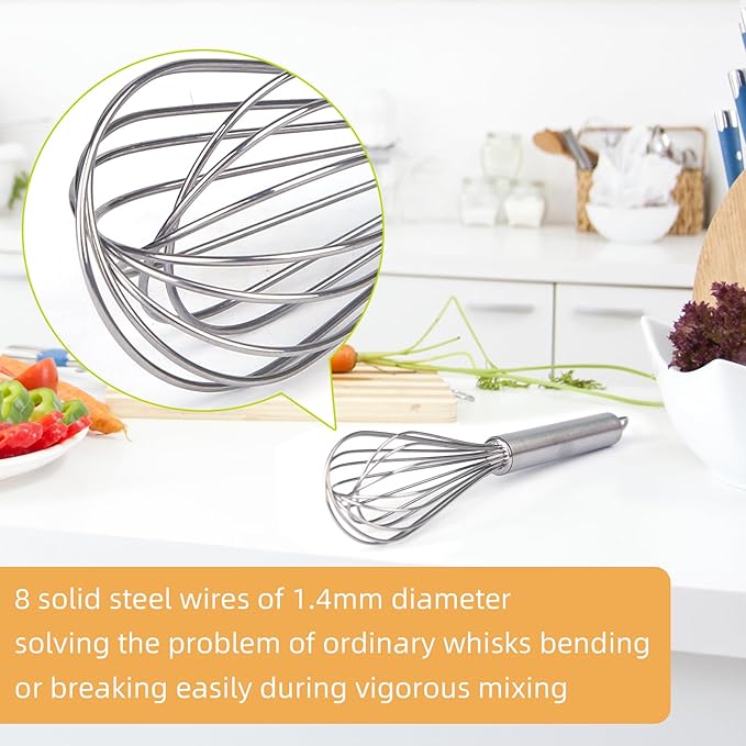 Stainless steel Small whisk for cooking, whisk is crafted with 8 thicker wire diameters, solving the problem that ordinary whisks tend to bend or break during vigorous mixing.(9 inches)