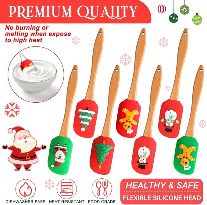 Menkxi 32 Pcs Christmas Silicone Spatulas, Xmas Cake Spatula with Wooden Handles - Santa Claus Snowman Gingerbread Designs for Cooking & Baking