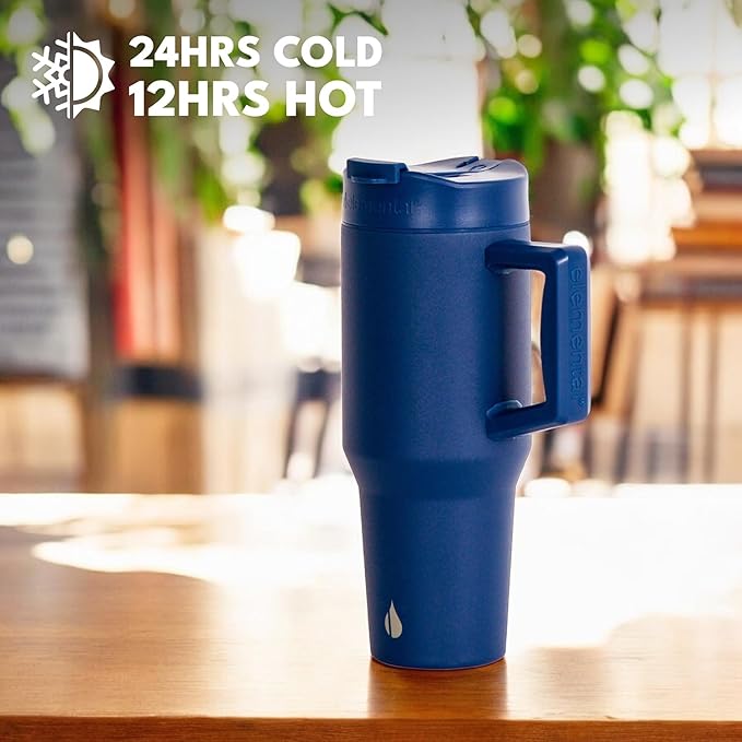 Elemental 32 oz 100% Leak Proof Tumbler with Handle & Straw - Stainless Steel Double Wall Insulated Tumbler for Hot and Cold Beverages - Travel Coffee Mug with Sip & Straw Lid - Navy
