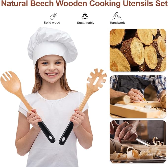 Wooden Spoons For Cooking, 6 PCS Natural Beech Wooden Cooking Utensils with Hanging Hole, Smooth Grip, Kitchen Essentials, Black