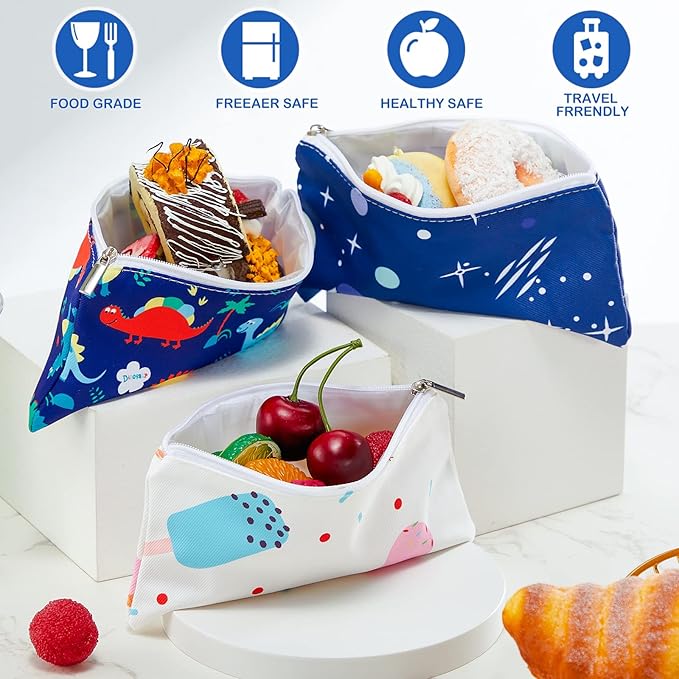 Chumia 6 Pcs Reusable Snack Bags Gift Food Safety Washable Snack Bags Lunch with Zipper Portable Sandwich Bag Food Storage Pouch Double Layer(Vivid,6.9 x 3.7 Inches)