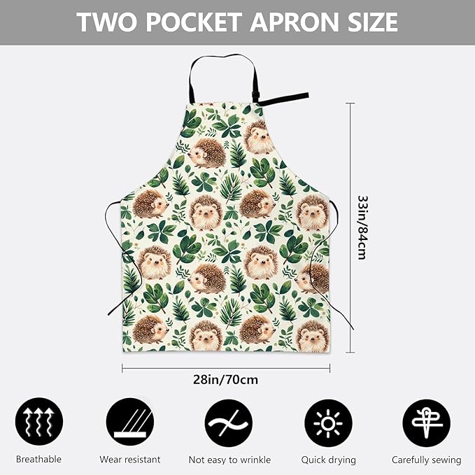 Funny Hedgehog Apron, Adjustable Kitchen Green Leaf Design Aprons with Pockets for Cooking BBQ Gardening, 28×33 IN, Holiday Gifts for Women Men Husband Wife, for Chef Baking, Oxford Fabric