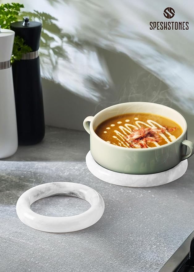 Marble Trivets for Dining Table Set of 2 Handmade White Pot Holders for Kitchen Decor and Countertop Accessories - Stone Trivet for Hot Dishes, Hot Plate & Hot Pot